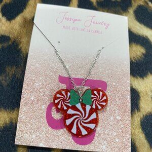 Red Glitter Minnie Mouse Ears Silver 22" Necklace